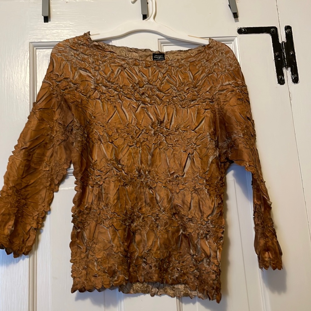 Gold Origami Magic Scarf blouse. Three quarter sleeve. One size fits all.